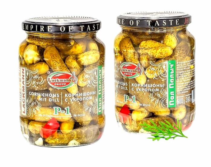 detail Kornišony P-1 s koprem 720ml Lackmann (čistá hmotnost: 360g)