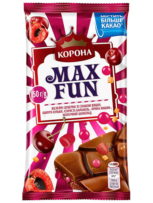 detail Mléčná čokoláda MAXFUN „Pikantní višeň“ 150g KORONA