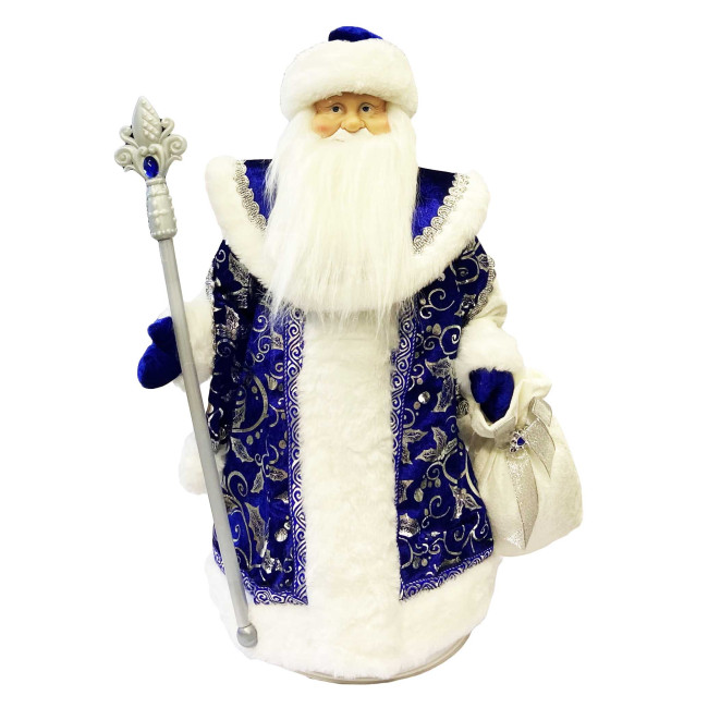 detail Figurka Děda Mráze v modro-bílé se stříbrem, s oddělením na cukrovinky a dárky, 50 cm
