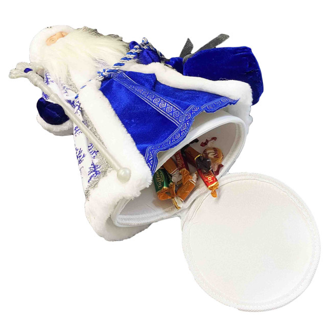 detail Figurka Děda Mráze v modro-bílé se stříbrem, s oddělením na cukrovinky a dárky, 40cm