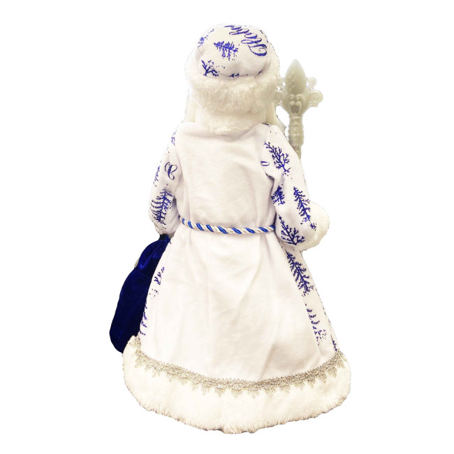 detail Figurka Děda Mráze v modro-bílé se stříbrem, s oddělením na cukrovinky a dárky, 40cm